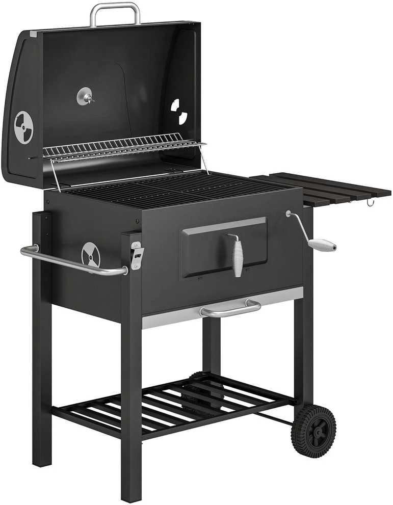Outsunny kepsninė ant ratukų, medžio anglies grilis, BBQ pastatomas grilis, nerūdijantis plienas, juoda, 113x65x108 cm