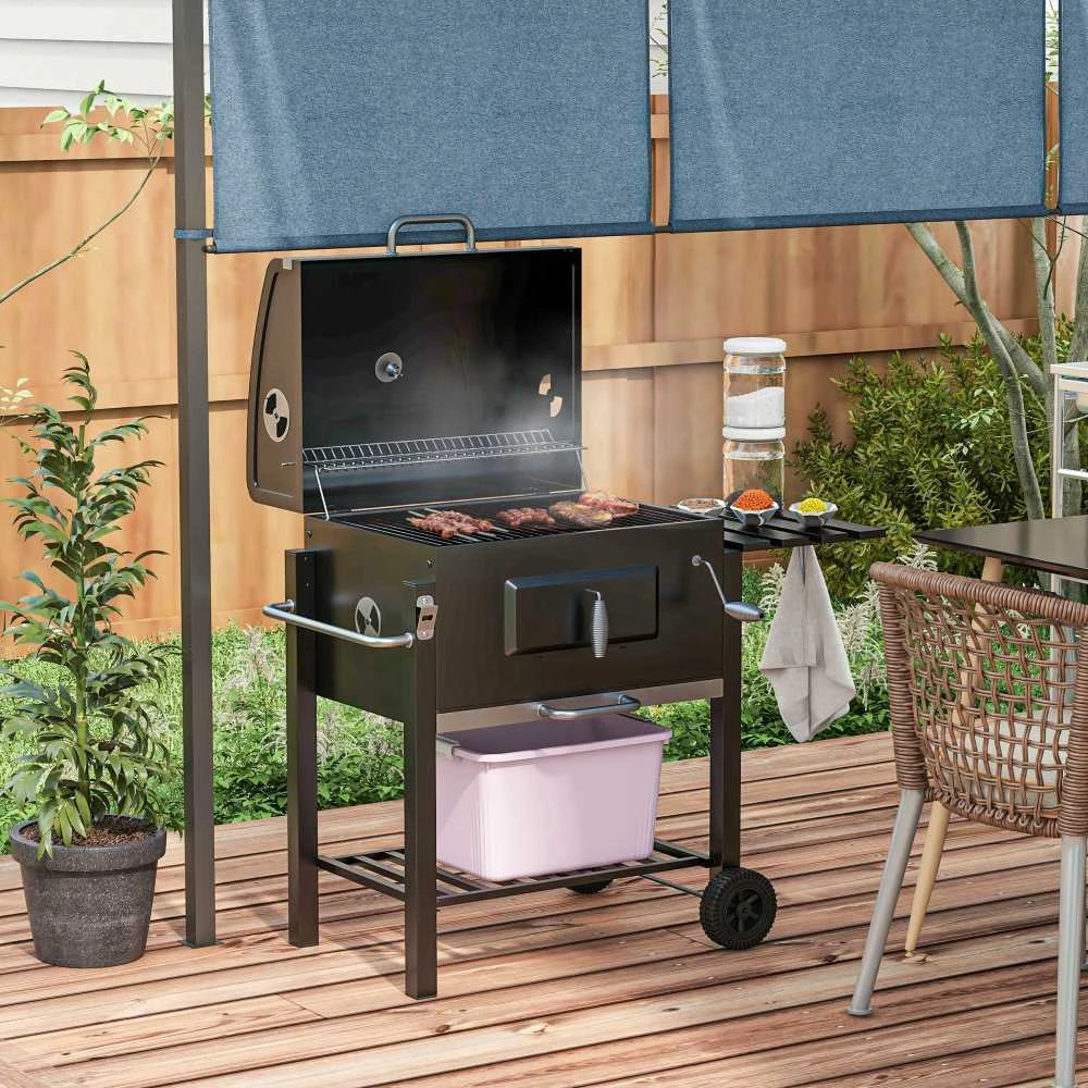Outsunny kepsninė ant ratukų, medžio anglies grilis, BBQ pastatomas grilis, nerūdijantis plienas, juoda, 113x65x108 cm
