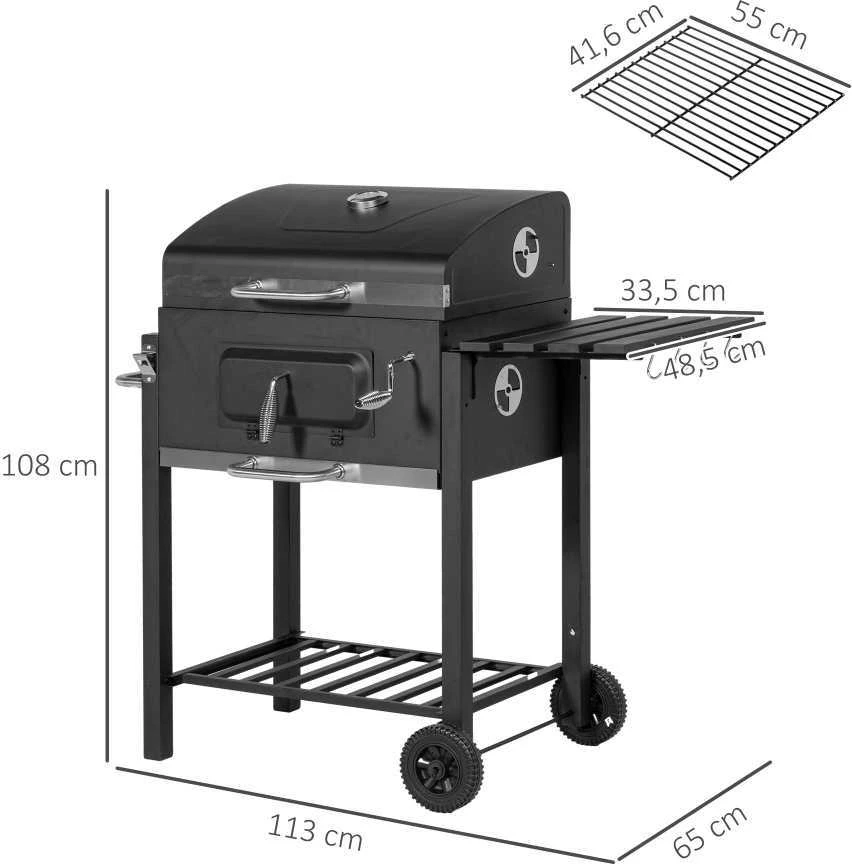 Outsunny kepsninė ant ratukų, medžio anglies grilis, BBQ pastatomas grilis, nerūdijantis plienas, juoda, 113x65x108 cm