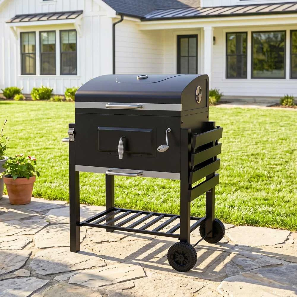 Outsunny kepsninė ant ratukų, medžio anglies grilis, BBQ pastatomas grilis, nerūdijantis plienas, juoda, 113x65x108 cm