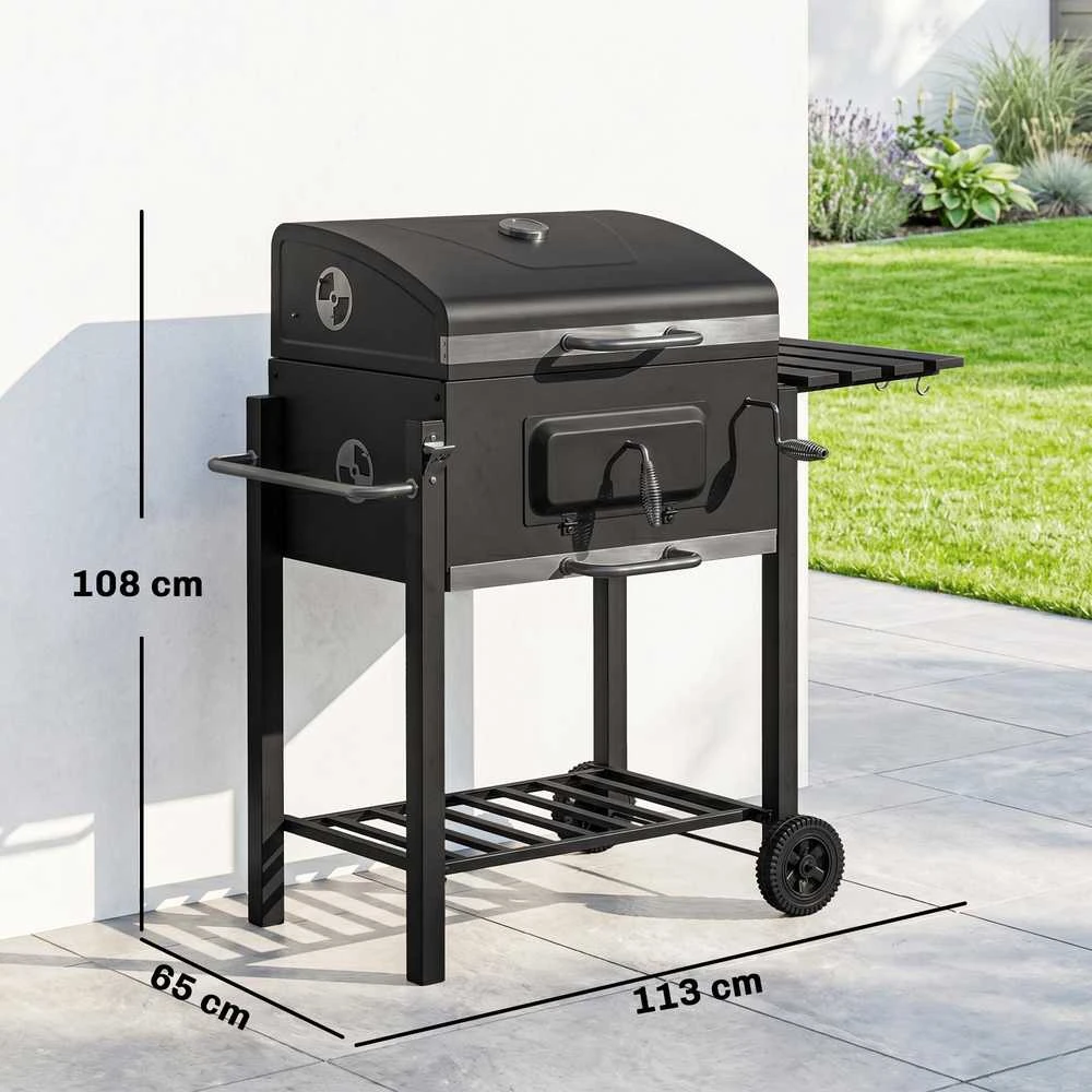 Outsunny kepsninė ant ratukų, medžio anglies grilis, BBQ pastatomas grilis, nerūdijantis plienas, juoda, 113x65x108 cm