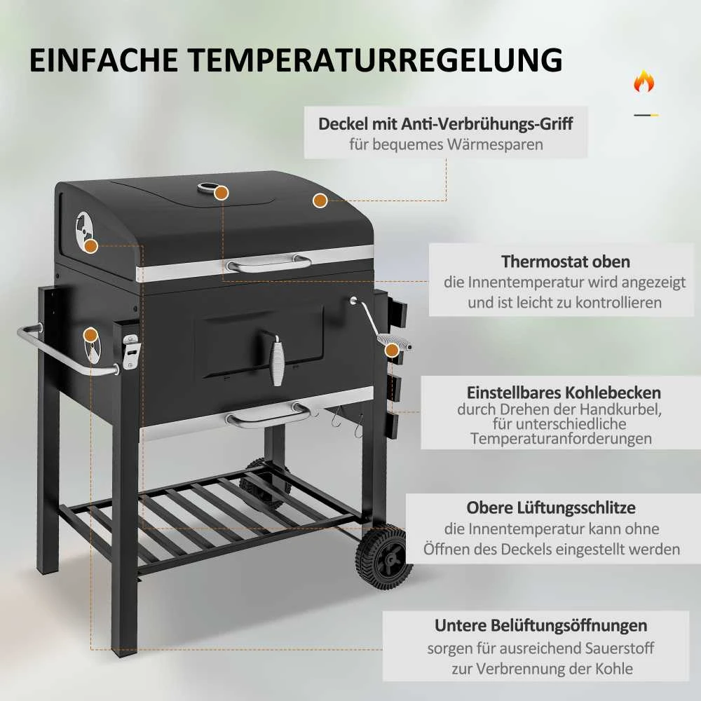 Outsunny kepsninė ant ratukų, medžio anglies grilis, BBQ pastatomas grilis, nerūdijantis plienas, juoda, 113x65x108 cm