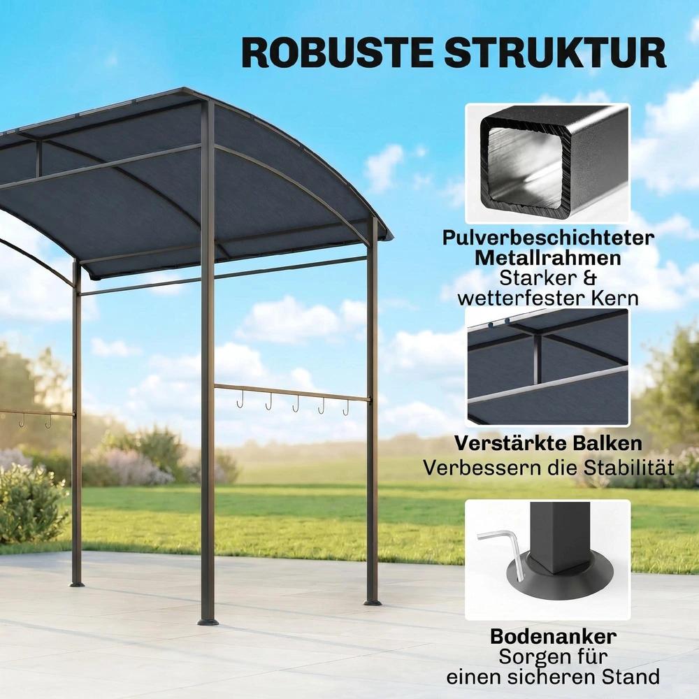 Outsunny kepsninių pavėsinė, stogelis kepsninei, apsauga nuo lietaus, atspari UV spinduliams, neperšlampama, su kabliukais, plieno rėmas, poliesteris, pilka, 215 x 150 x 174/220 cm