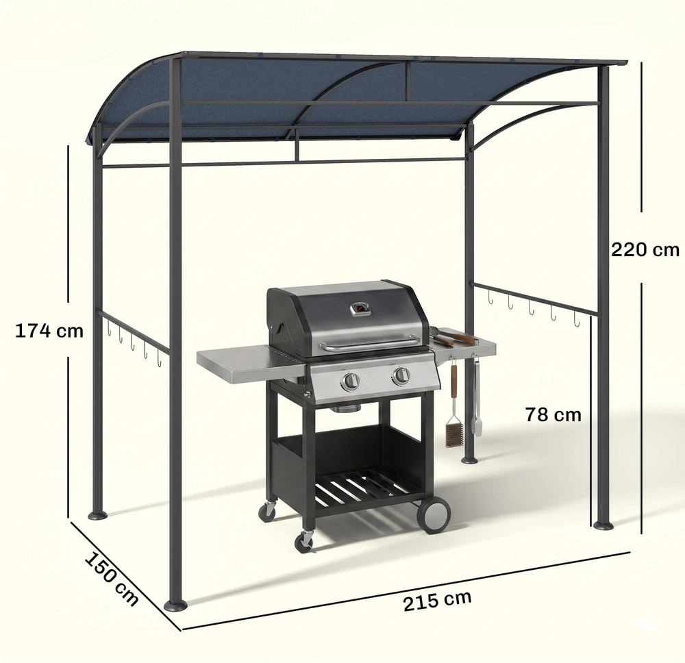 Outsunny kepsninių pavėsinė, stogelis kepsninei, apsauga nuo lietaus, atspari UV spinduliams, neperšlampama, su kabliukais, plieno rėmas, poliesteris, pilka, 215 x 150 x 174/220 cm