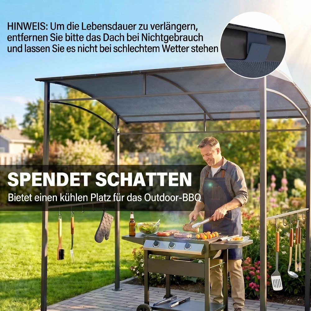 Outsunny kepsninių pavėsinė, stogelis kepsninei, apsauga nuo lietaus, atspari UV spinduliams, neperšlampama, su kabliukais, plieno rėmas, poliesteris, pilka, 215 x 150 x 174/220 cm