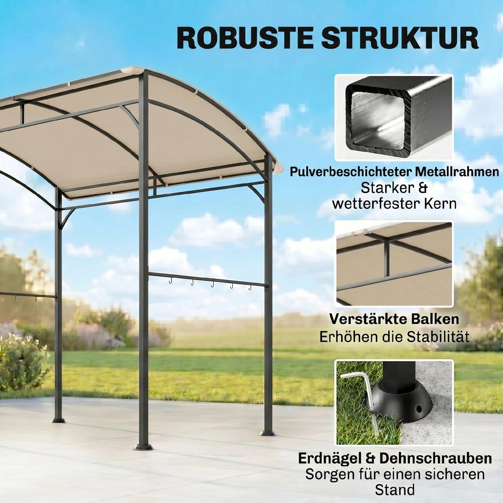 Outsunny kepsninių pavėsinė, stoginė kepsninei, apsauga nuo lietaus su UV apsauga, sodo pavėsinė su kabliukais, plieno rėmas, poliesteris, smėlio spalvos, 215 x 150 x 220 cm