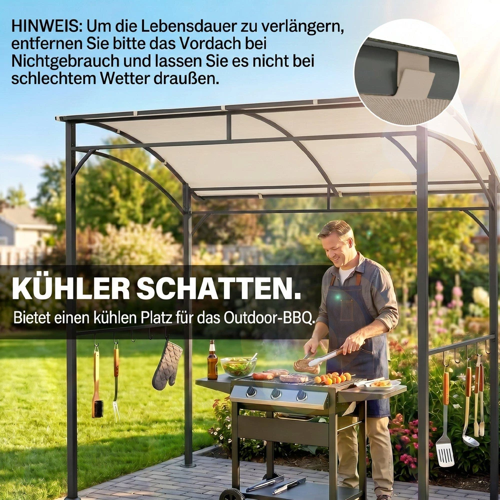 Outsunny kepsninių pavėsinė, stoginė kepsninei, apsauga nuo lietaus su UV apsauga, sodo pavėsinė su kabliukais, plieno rėmas, poliesteris, smėlio spalvos, 215 x 150 x 220 cm