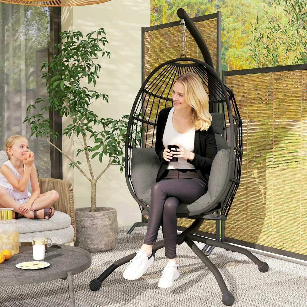 Outsunny kiaušinio formos lauko kabančioji kėdė, sulankstomos sūpynės su puodelių laikikliu, nuimamas plaunamas sėdynės užvalkalas, stovas, hamakas 1 asmeniui, supamoji kėdė terasai, sodui, juoda