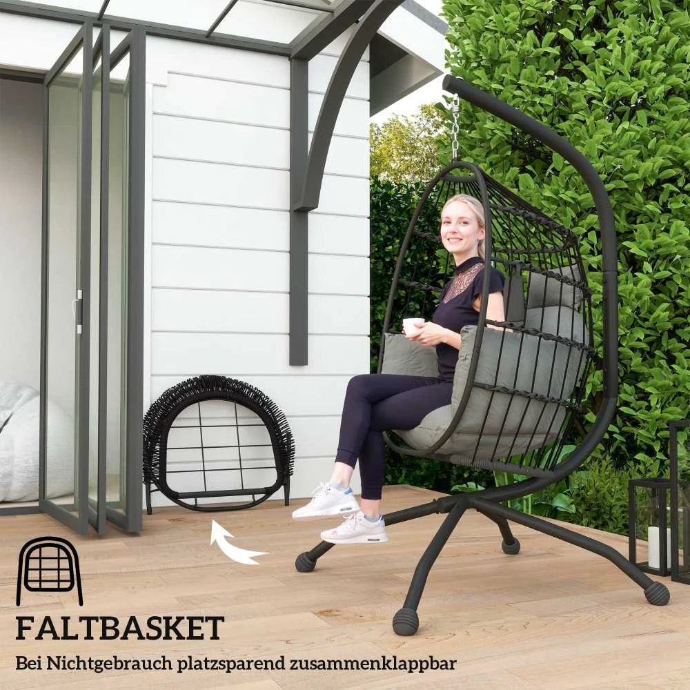 Outsunny kiaušinio formos lauko kabančioji kėdė, sulankstomos sūpynės su puodelių laikikliu, nuimamas plaunamas sėdynės užvalkalas, stovas, hamakas 1 asmeniui, supamoji kėdė terasai, sodui, juoda