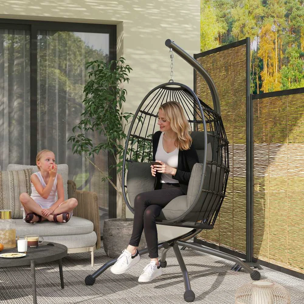 Outsunny kiaušinio formos lauko kabančioji kėdė, sulankstomos sūpynės su puodelių laikikliu, nuimamas plaunamas sėdynės užvalkalas, stovas, hamakas 1 asmeniui, supamoji kėdė terasai, sodui, juoda