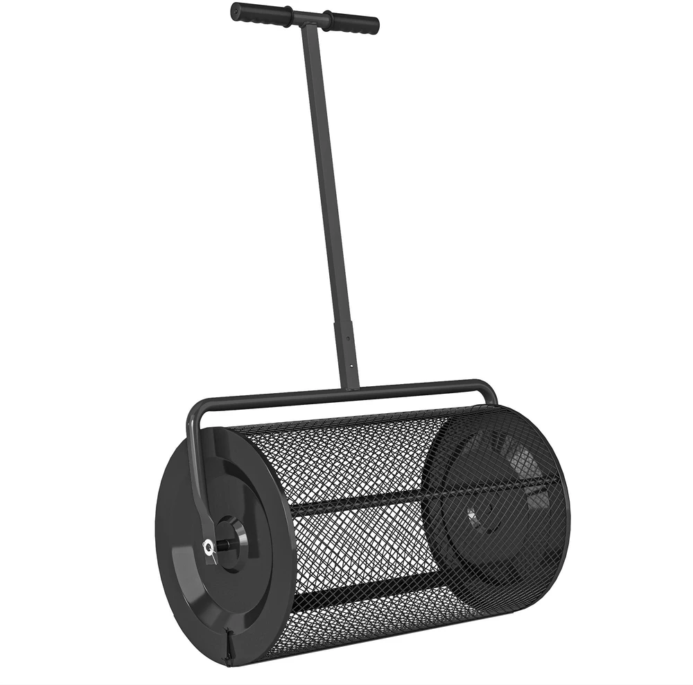 Outsunny komposto barstytuvas 300L 61x40cm, trąšų barstytuvas vejai ir sodui, su T formos rankena, metalinis tinklelis, durpių samanų barstytuvas, vejos priežiūros įrankis kompostui, mėšlui, trąšoms ir sėkloms, juodas