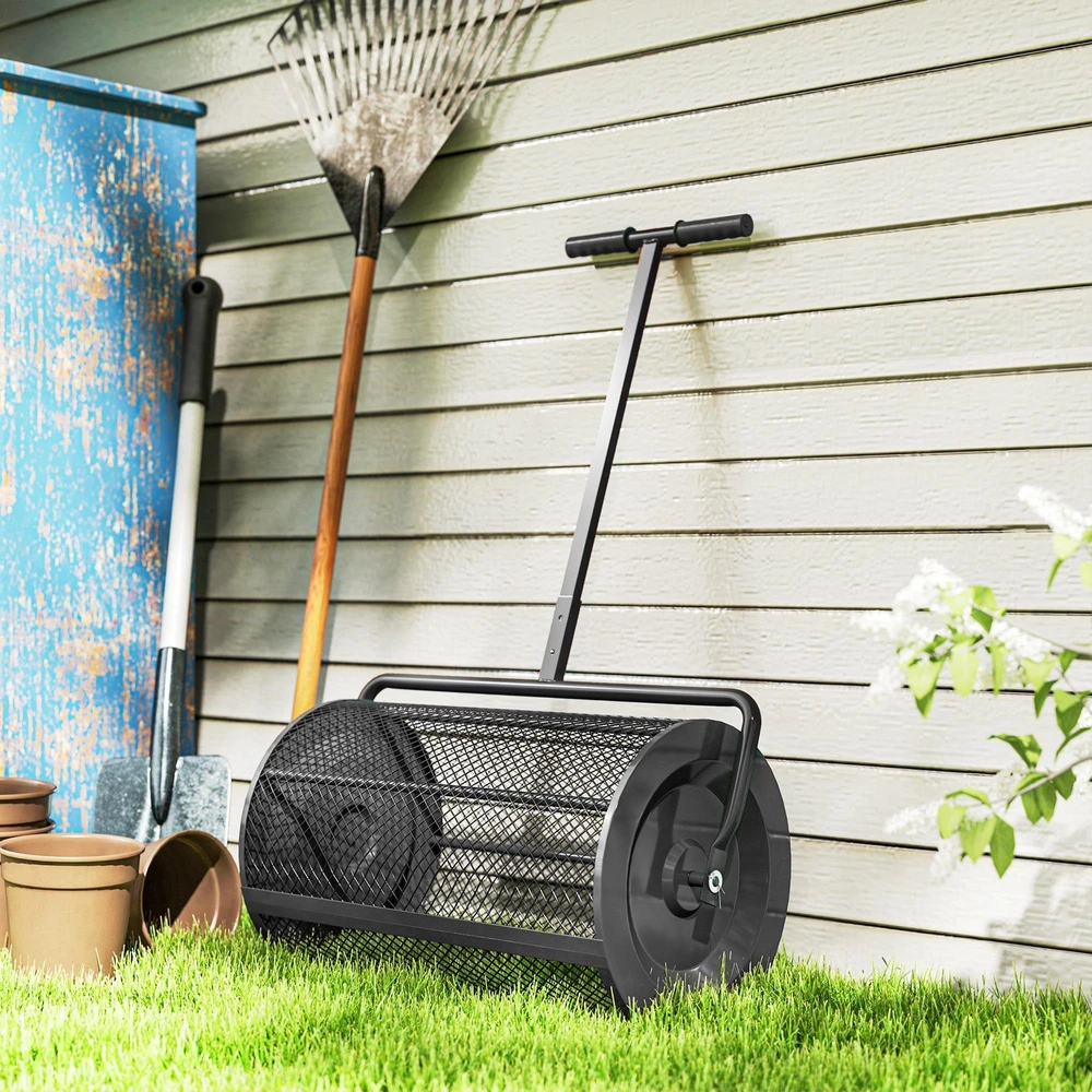 Outsunny komposto barstytuvas 300L 61x40cm, trąšų barstytuvas vejai ir sodui, su T formos rankena, metalinis tinklelis, durpių samanų barstytuvas, vejos priežiūros įrankis kompostui, mėšlui, trąšoms ir sėkloms, juodas