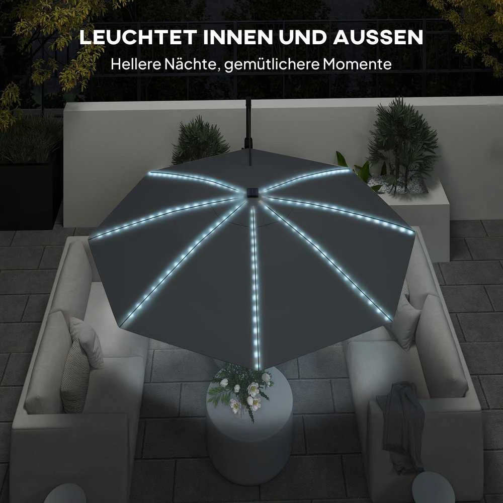 Outsunny aliumininis konsolinis skėtis su saulės LED apšvietimu, Ø300 cm, reguliuojamo aukščio, su alkūne, stovu, UV50+ apsauga, atsparus vandeniui, pasukamas 360°, pakreipiamas, tamsiai pilkas