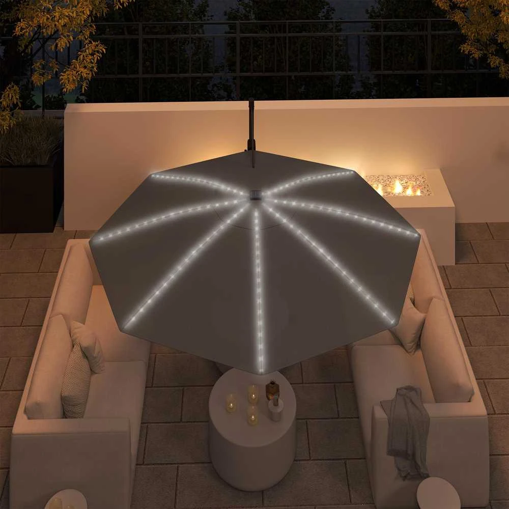 Outsunny aliumininis konsolinis skėtis su saulės LED apšvietimu, Ø300 cm, reguliuojamo aukščio, su alkūne, stovu, UV50+ apsauga, atsparus vandeniui, pasukamas 360°, pakreipiamas, tamsiai pilkas