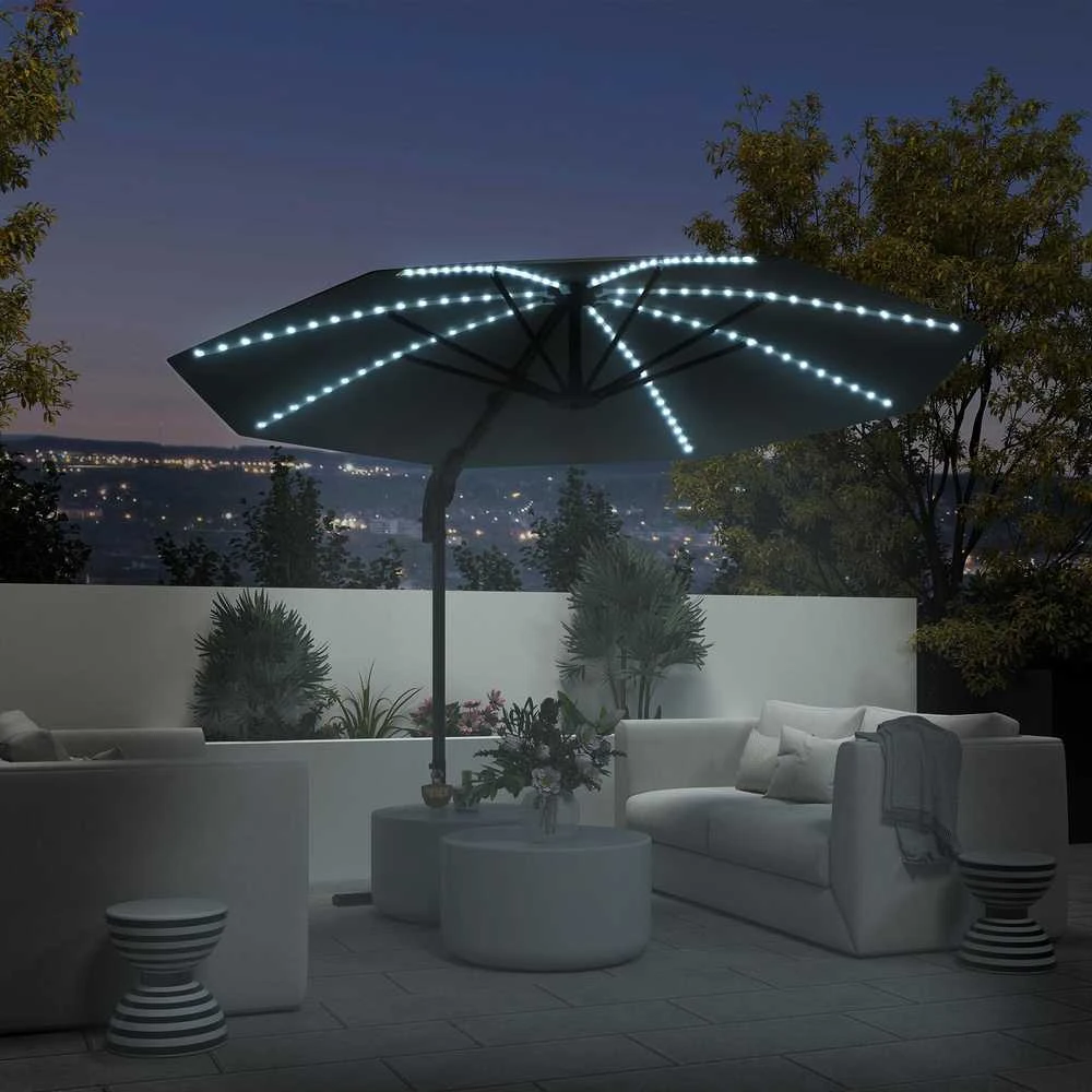 Outsunny aliumininis konsolinis skėtis su saulės LED apšvietimu, Ø300 cm, reguliuojamo aukščio, su alkūne, stovu, UV50+ apsauga, atsparus vandeniui, pasukamas 360°, pakreipiamas, tamsiai pilkas