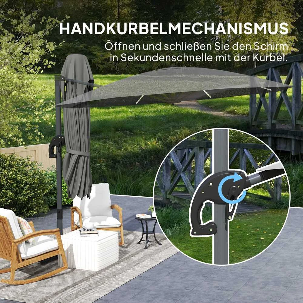 Outsunny aliumininis konsolinis skėtis su saulės LED apšvietimu, Ø300 cm, reguliuojamo aukščio, su alkūne, stovu, UV50+ apsauga, atsparus vandeniui, pasukamas 360°, pakreipiamas, tamsiai pilkas