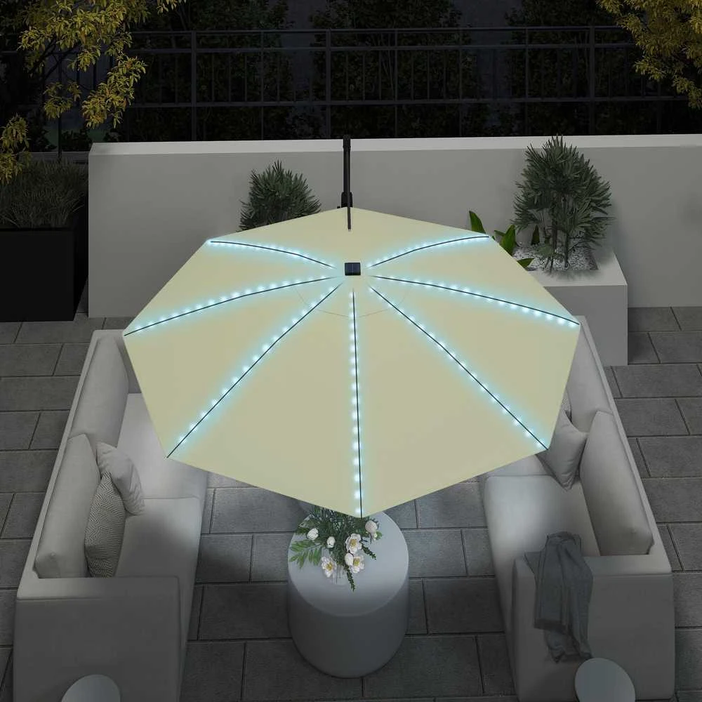 Outsunny aliumininis konsolinis skėtis su saulės LED apšvietimu, Ø300 cm, reguliuojamo aukščio, su alkūne, stovu, UV50+ apsauga, atsparus vandeniui, pasukamas 360°, pakreipiamas, tamsiai pilkas