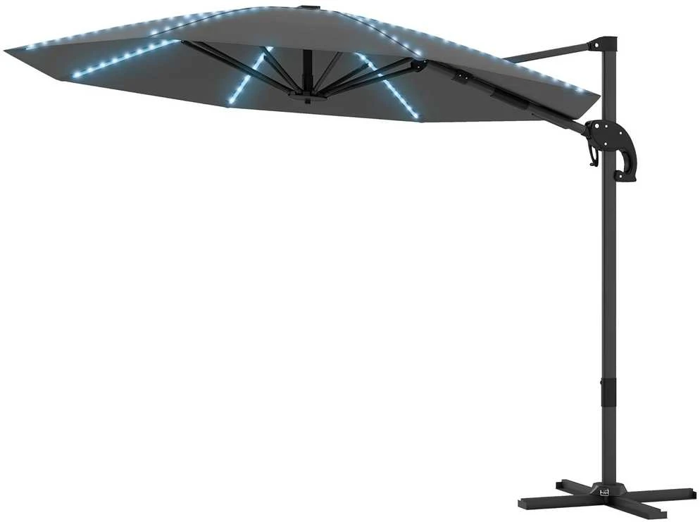 Outsunny aliumininis konsolinis skėtis su saulės LED apšvietimu, Ø300 cm, reguliuojamo aukščio, su alkūne, stovu, UV50+ apsauga, atsparus vandeniui, pasukamas 360°, pakreipiamas, tamsiai pilkas