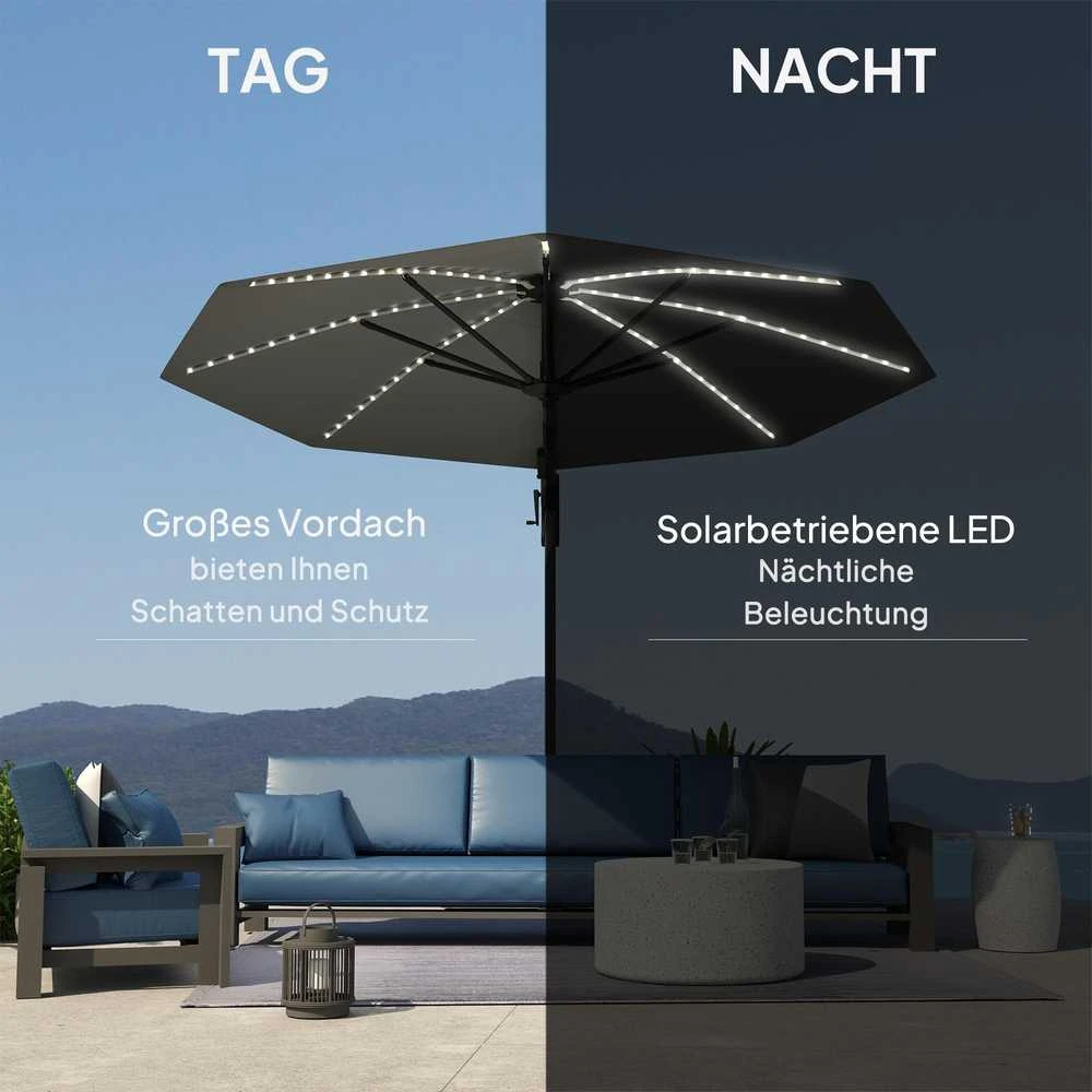 Outsunny aliumininis konsolinis skėtis su saulės LED apšvietimu, Ø300 cm, reguliuojamo aukščio, su alkūne, stovu, UV50+ apsauga, atsparus vandeniui, pasukamas 360°, pakreipiamas, tamsiai pilkas