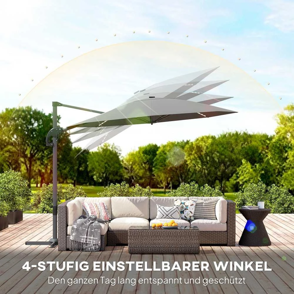 Outsunny aliumininis konsolinis skėtis su saulės LED apšvietimu, Ø300 cm, reguliuojamo aukščio, su alkūne, stovu, UV50+ apsauga, atsparus vandeniui, pasukamas 360°, pakreipiamas, tamsiai pilkas