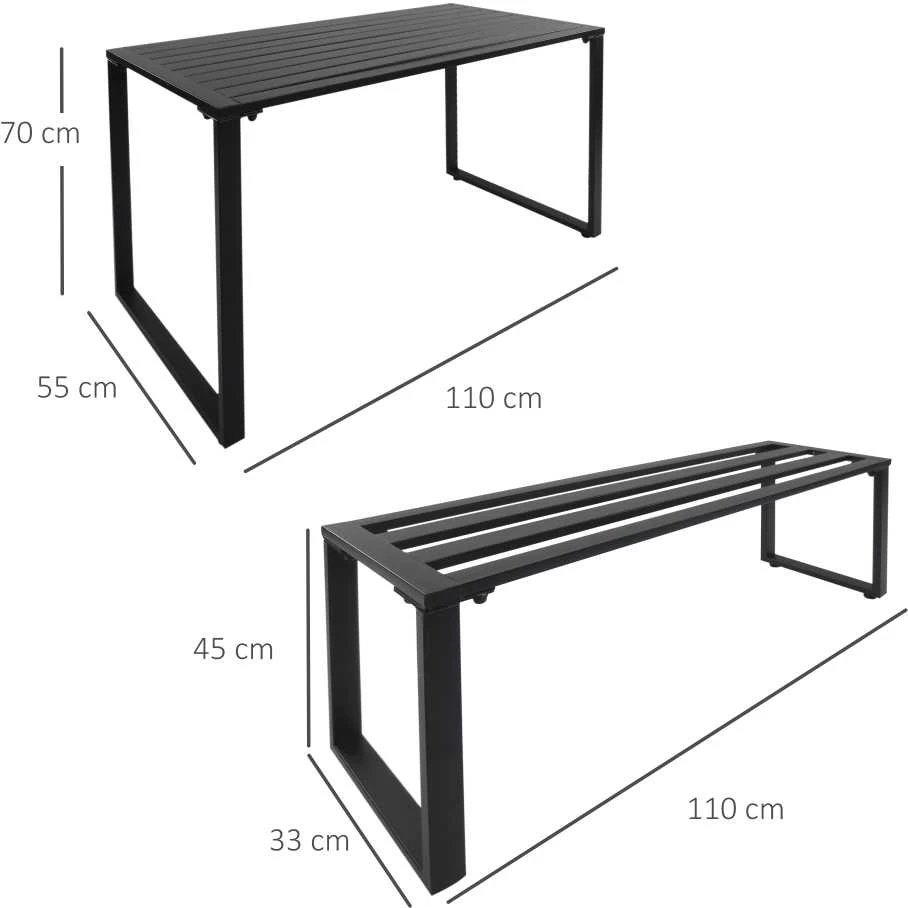 Outsunny 3 dalių lauko baldų komplektas, sodo baldai, 1 x stalas, 2 x suoliukai, metalinis, juodas, 110 x 55 x 70 cm