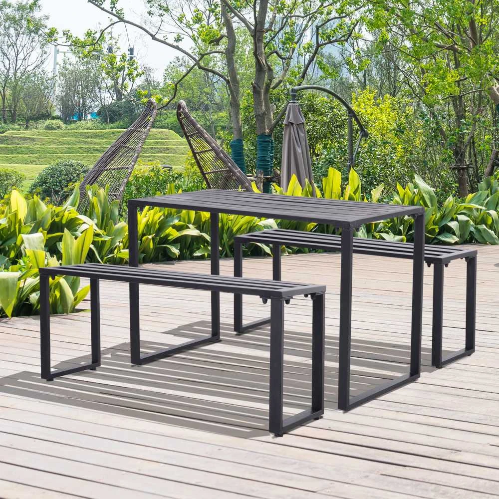 Outsunny 3 dalių lauko baldų komplektas, sodo baldai, 1 x stalas, 2 x suoliukai, metalinis, juodas, 110 x 55 x 70 cm