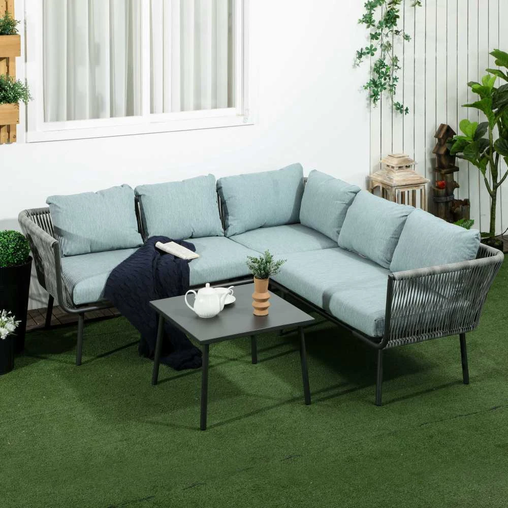 Lauko baldų komplektas Outsunny 4 dalių rotango sodo baldų komplektas, svetainės baldai su pagalvėlėmis, sėdimoji grupė su 2 dvivietėmis sofomis, 1 kampine sofa, 1 kavos staliuku, sodo baldai balkonui, terasai, aliuminis+poliesteris, pilka
