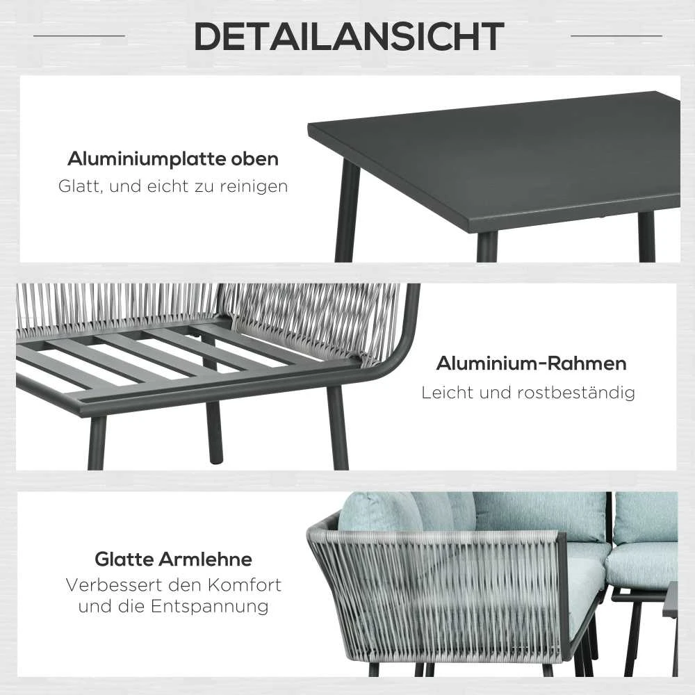 Lauko baldų komplektas Outsunny 4 dalių rotango sodo baldų komplektas, svetainės baldai su pagalvėlėmis, sėdimoji grupė su 2 dvivietėmis sofomis, 1 kampine sofa, 1 kavos staliuku, sodo baldai balkonui, terasai, aliuminis+poliesteris, pilka