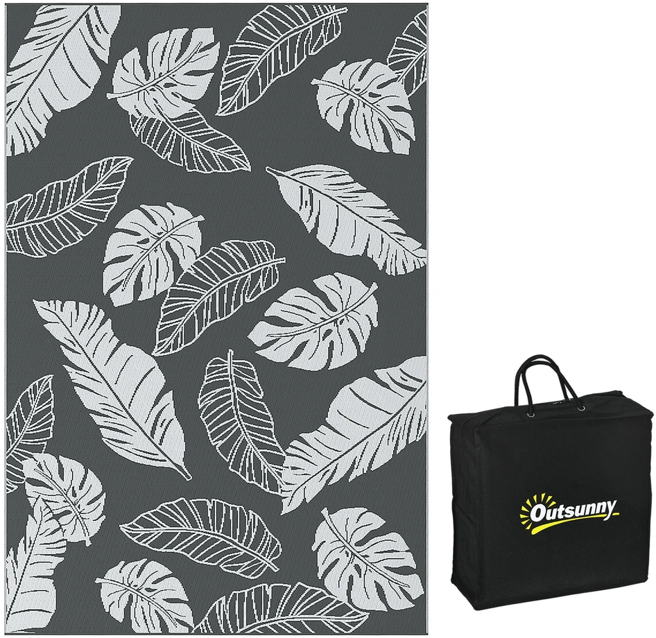 Lauko kilimas Outsunny, atsparus oro sąlygoms plastikinis kilimas, dvipusis dizainas balkonui ir terasai, pilka+balta, 182x274cm