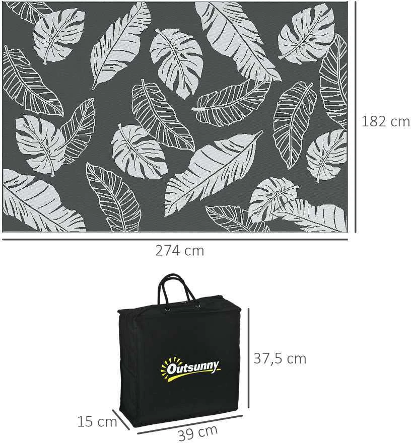 Lauko kilimas Outsunny, atsparus oro sąlygoms plastikinis kilimas, dvipusis dizainas balkonui ir terasai, pilka+balta, 182x274cm