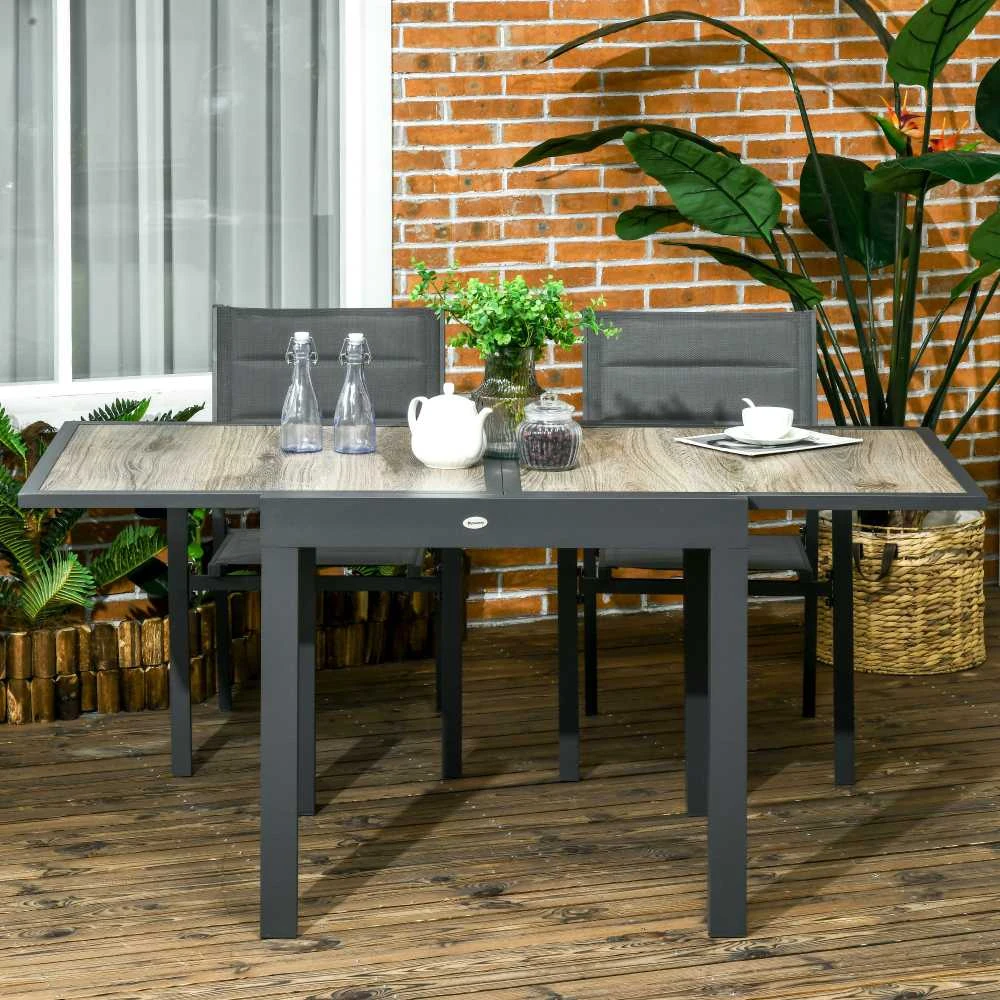 Outsunny sodo stalas, valgomojo stalas sodui su ištraukiamu stalviršiu, terasos stalas su medžio imitacija, aliumininis balkono stalas, smėlio ir pilka spalva, 160 x 80 x 75 cm