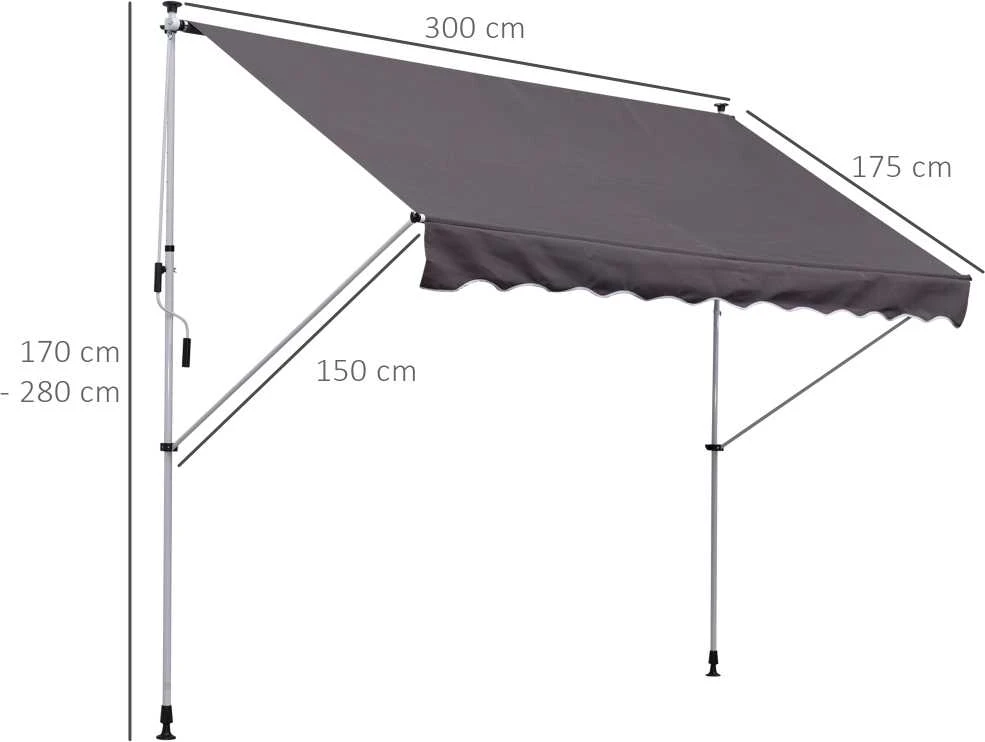 Outsunny markizė, ištraukiama markizė su alkūne, apsauga nuo saulės, sulankstoma svirtis, rankinis valdymas, balkono markizė, aliuminis, pilka, 300 x 150 cm