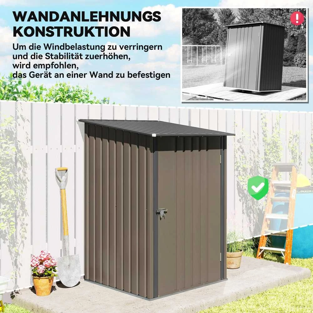Outsunny plieno sodo namelis, 0,92 m² įrankių namelis su vienšlaičiu stogu, rakinama sodo spintelė, įrankių pašiūrė, 100 x 103 x 160 cm, rudas