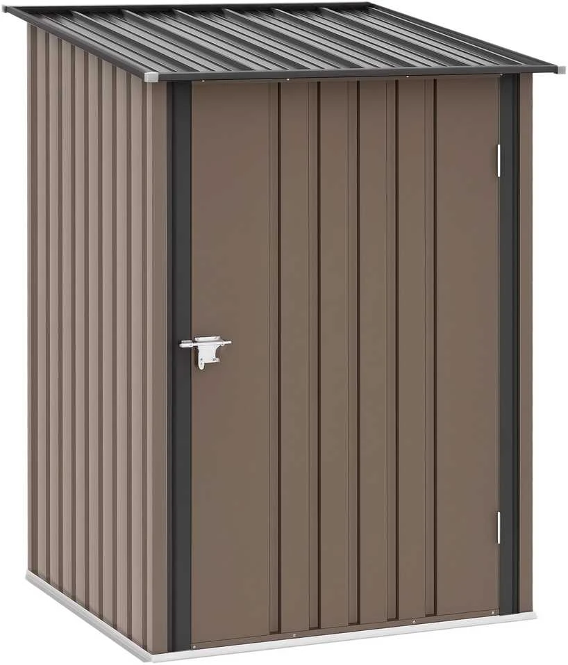 Outsunny plieno sodo namelis, 0,92 m² įrankių namelis su vienšlaičiu stogu, rakinama sodo spintelė, įrankių pašiūrė, 100 x 103 x 160 cm, rudas