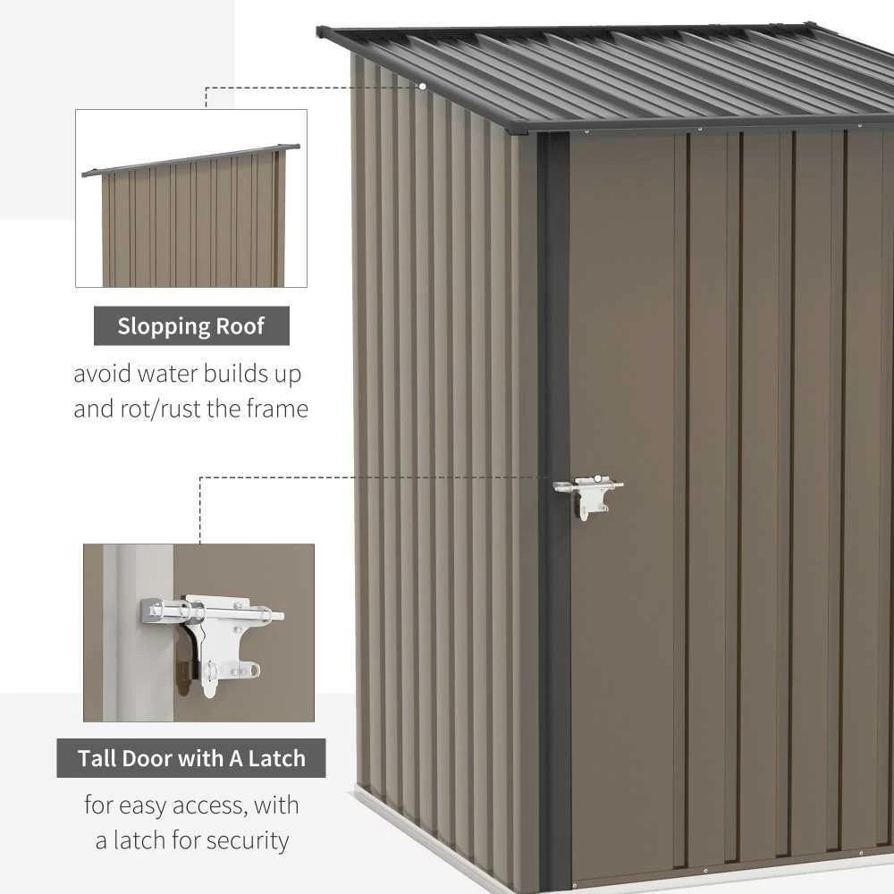 Outsunny plieno sodo namelis, 0,92 m² įrankių namelis su vienšlaičiu stogu, rakinama sodo spintelė, įrankių pašiūrė, 100 x 103 x 160 cm, rudas