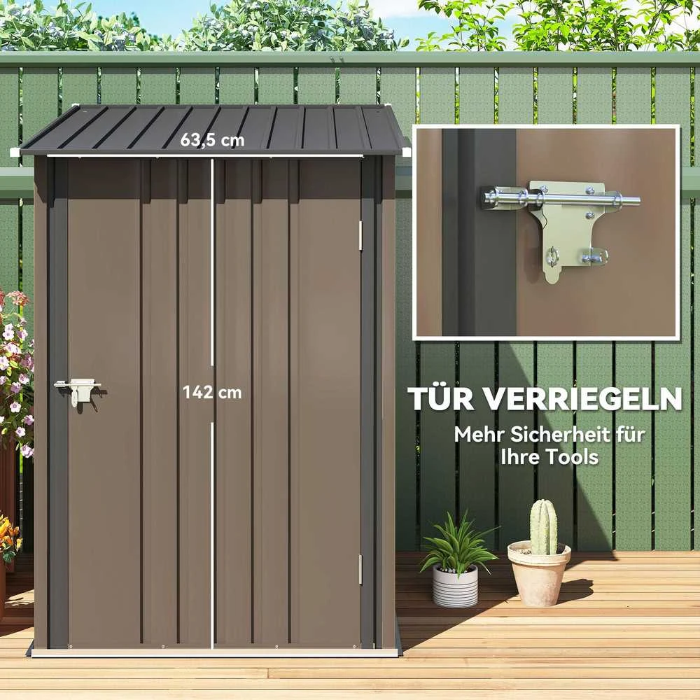 Outsunny plieno sodo namelis, 0,92 m² įrankių namelis su vienšlaičiu stogu, rakinama sodo spintelė, įrankių pašiūrė, 100 x 103 x 160 cm, rudas