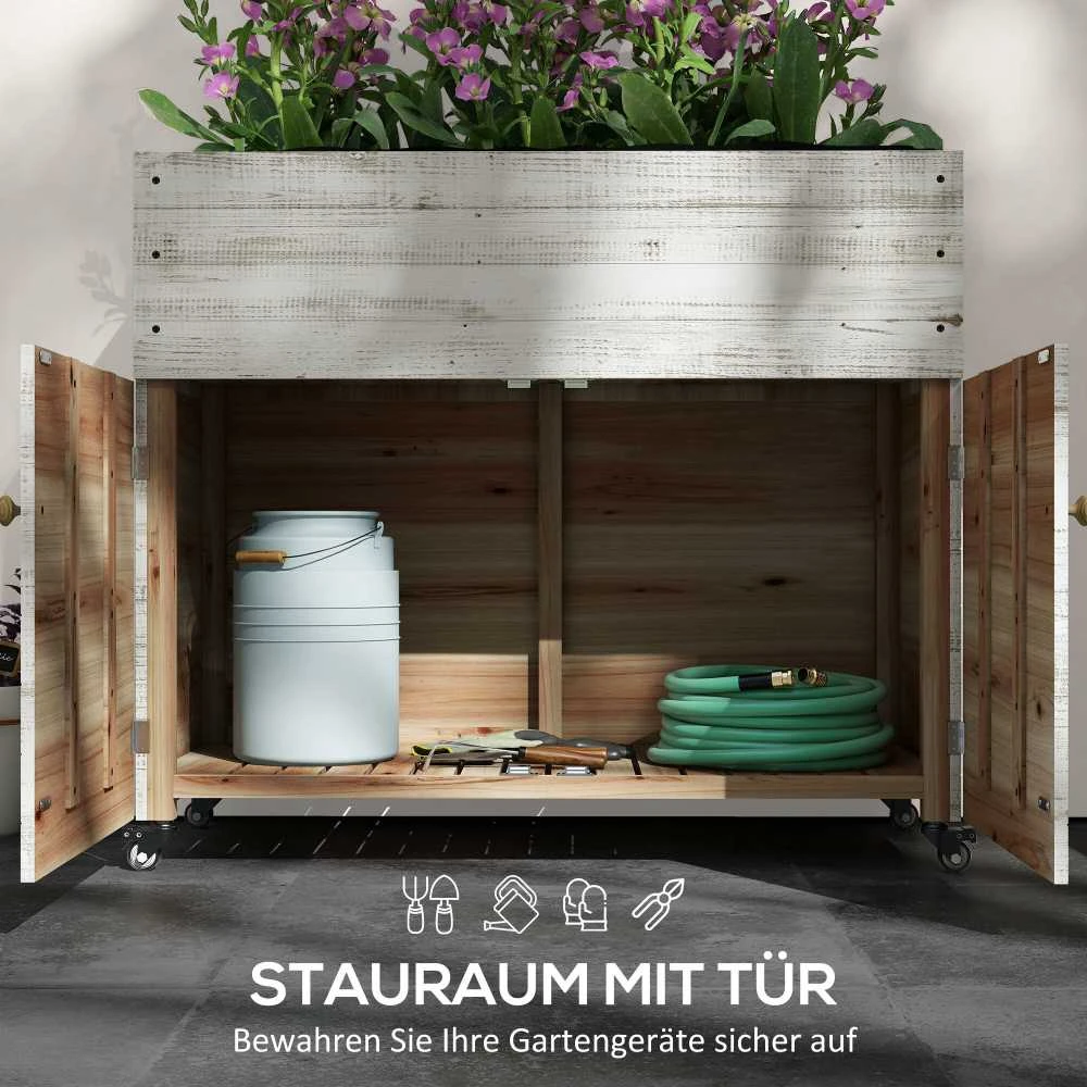 Medinė aukšta lysvė Outsunny, ankstyvojo auginimo lysvė su spintele, lysvė prieskoninėms žolelėms su ratukais, lovelis augalams, gėlių lovelis su neaustine medžiaga, 110 x 50 x 95 cm, balta