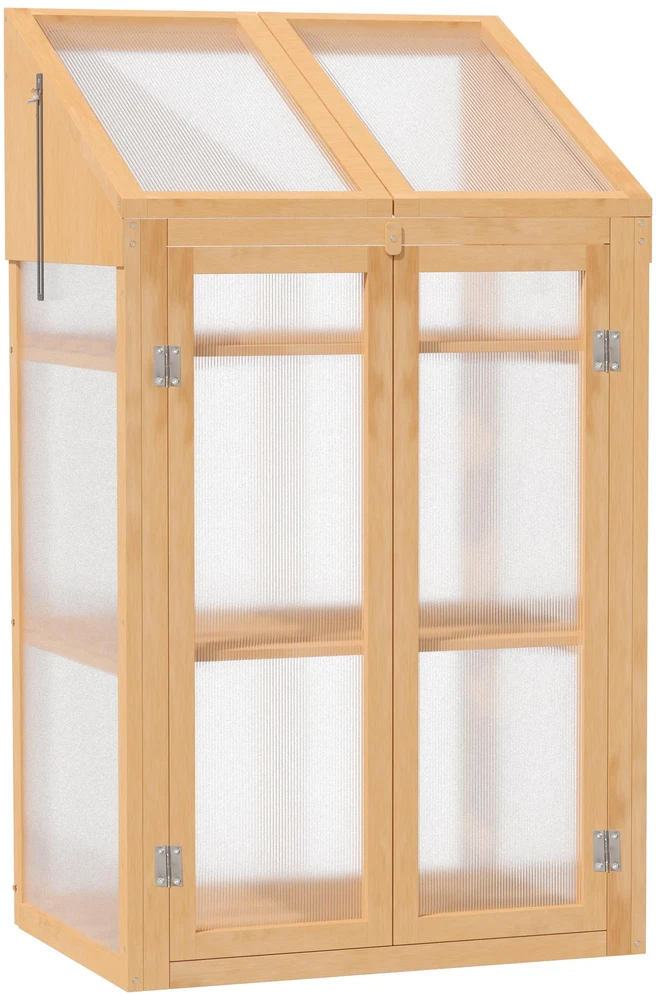 Outsunny medinis daigynas, mini šiltnamis 70 x 50 x 120 cm, šiltnamis su dangčiu, langais, dvigubomis durimis, pusiau permatoma daigykla su 3 lentynomis, žiemai atspari pakelta lysvė sodui, balkonui, ruda