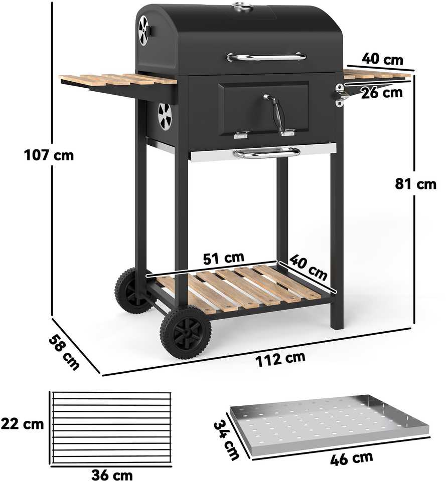 Outsunny mobilus nerūdijančio plieno kepsninė, vežimėlis su dangčiu, termometru, grotelėmis, ratukais, reguliuojama rankena ir anglių loveliu, grilis su medine lentyna, BBQ rūkykla kempingui ir sodui, 112x58x107cm