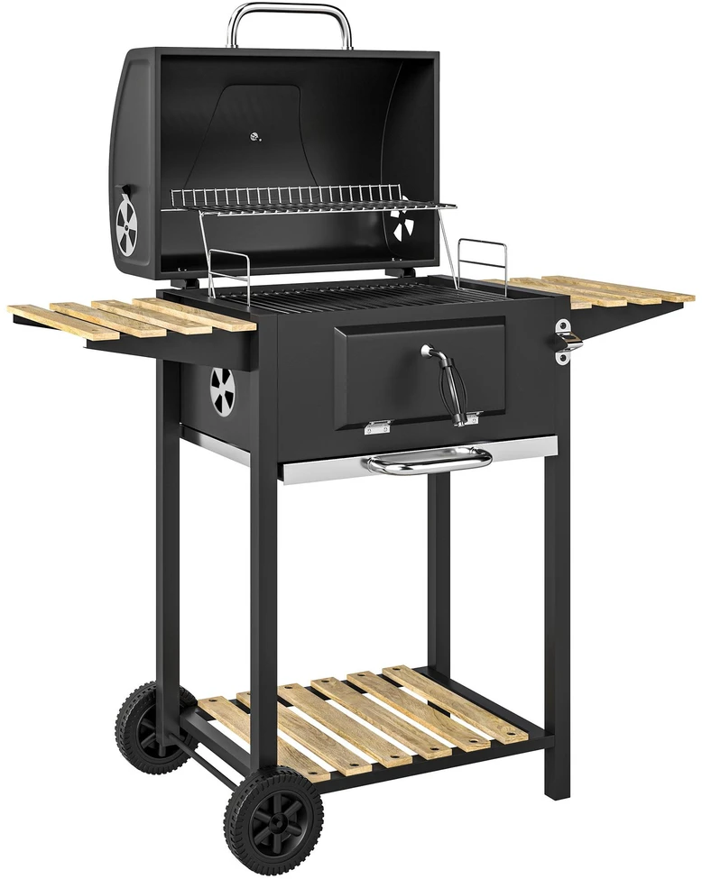 Outsunny mobilus nerūdijančio plieno kepsninė, vežimėlis su dangčiu, termometru, grotelėmis, ratukais, reguliuojama rankena ir anglių loveliu, grilis su medine lentyna, BBQ rūkykla kempingui ir sodui, 112x58x107cm