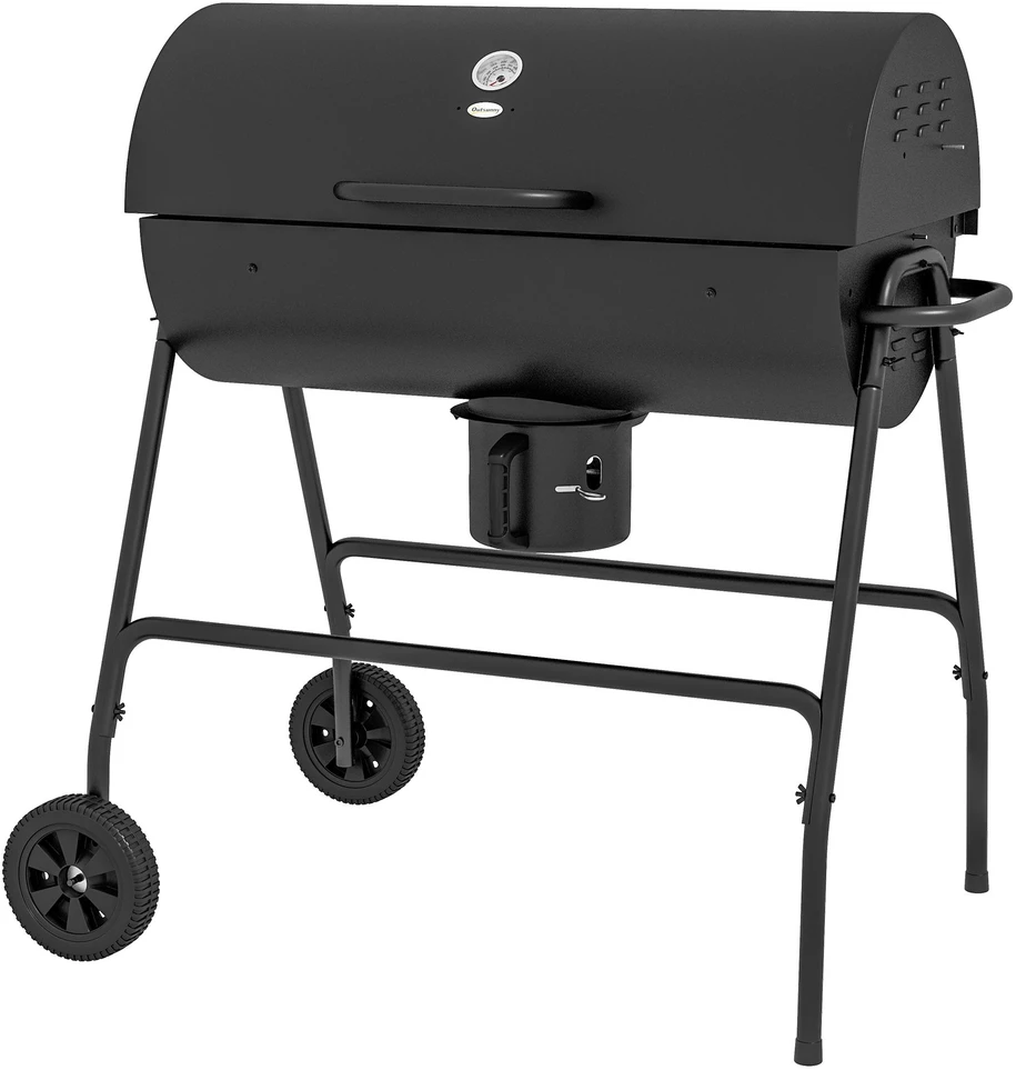 Outsunny metalinis anglies grilis, BBQ rūkykla su dangčiu, termometru, ratukais ir reguliuojama anglių talpykla, kilnojamas anglies grilis, kepsninė stovyklavimui, terasai, 95x71,5x102 cm