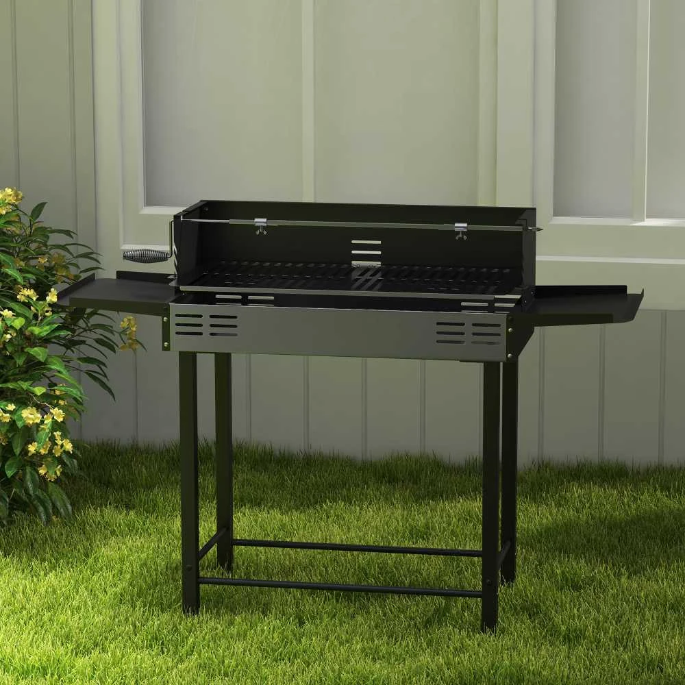 Outsunny anglies kepsninė, kempingo kepsninė su grotelėmis ir iešmo rinkiniu, sulankstoma, kempingui, sodui, BBQ, nerūdijantis plienas + metalas, juoda