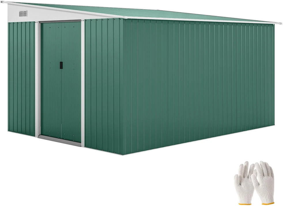Outsunny metalinis sodo namelis su šlaitiniu stogu, rakinamomis dvigubomis durimis, 2,8 x 3,45 x 2,01 m, žalias