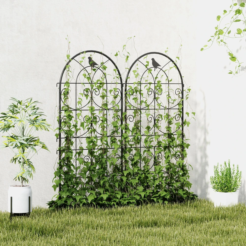 Outsunny metalinė grotelė vijokliniams augalams, 2 vnt. rinkinys, įsmeigiama, nerūdijanti, su paukščių motyvu, 50x120 cm, atrama pomidorams, gėlėms ir kambariniams augalams, juoda