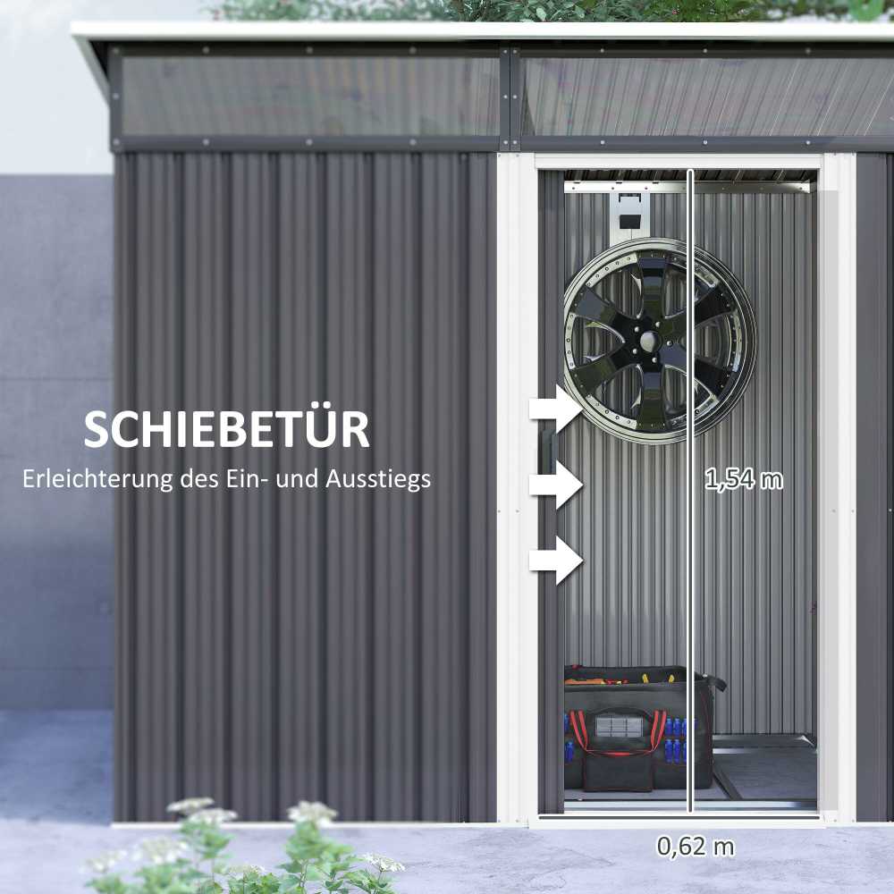 Outsunny metalinis sodo namelis 1,9m² 195x122x182cm, įrankių pašiūrė su pamatu, šlaitinis stogas, langai, stumdomos durys, tamsiai pilkas