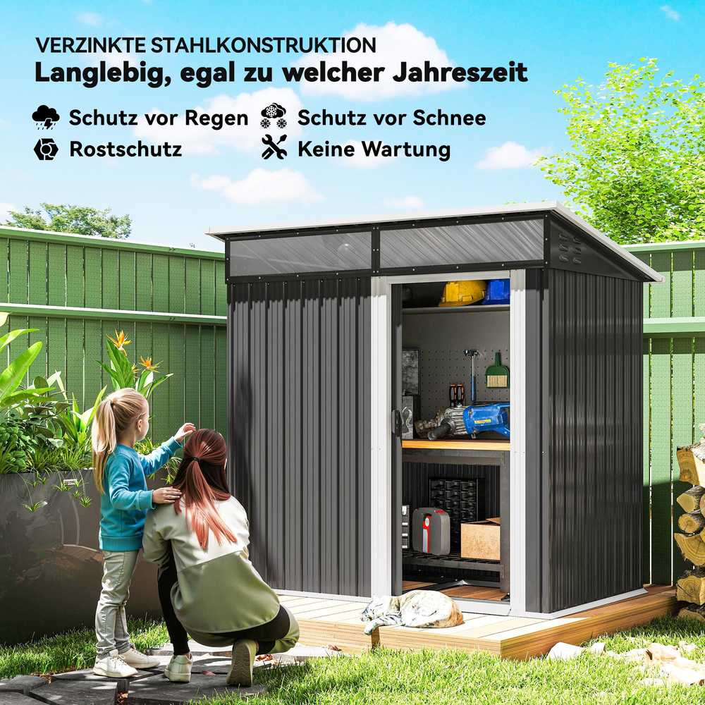 Outsunny metalinis sodo namelis 1,9m² 195x122x182cm, įrankių pašiūrė su pamatu, šlaitinis stogas, langai, stumdomos durys, tamsiai pilkas