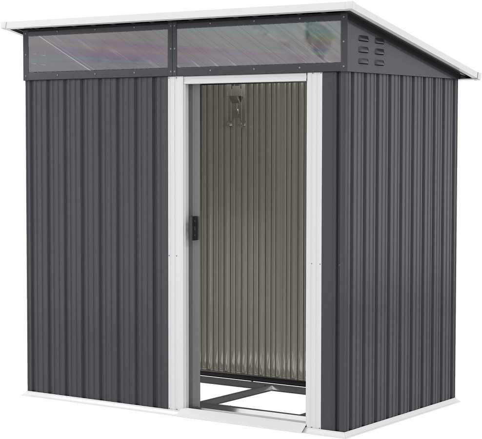 Outsunny metalinis sodo namelis 1,9m² 195x122x182cm, įrankių pašiūrė su pamatu, šlaitinis stogas, langai, stumdomos durys, tamsiai pilkas