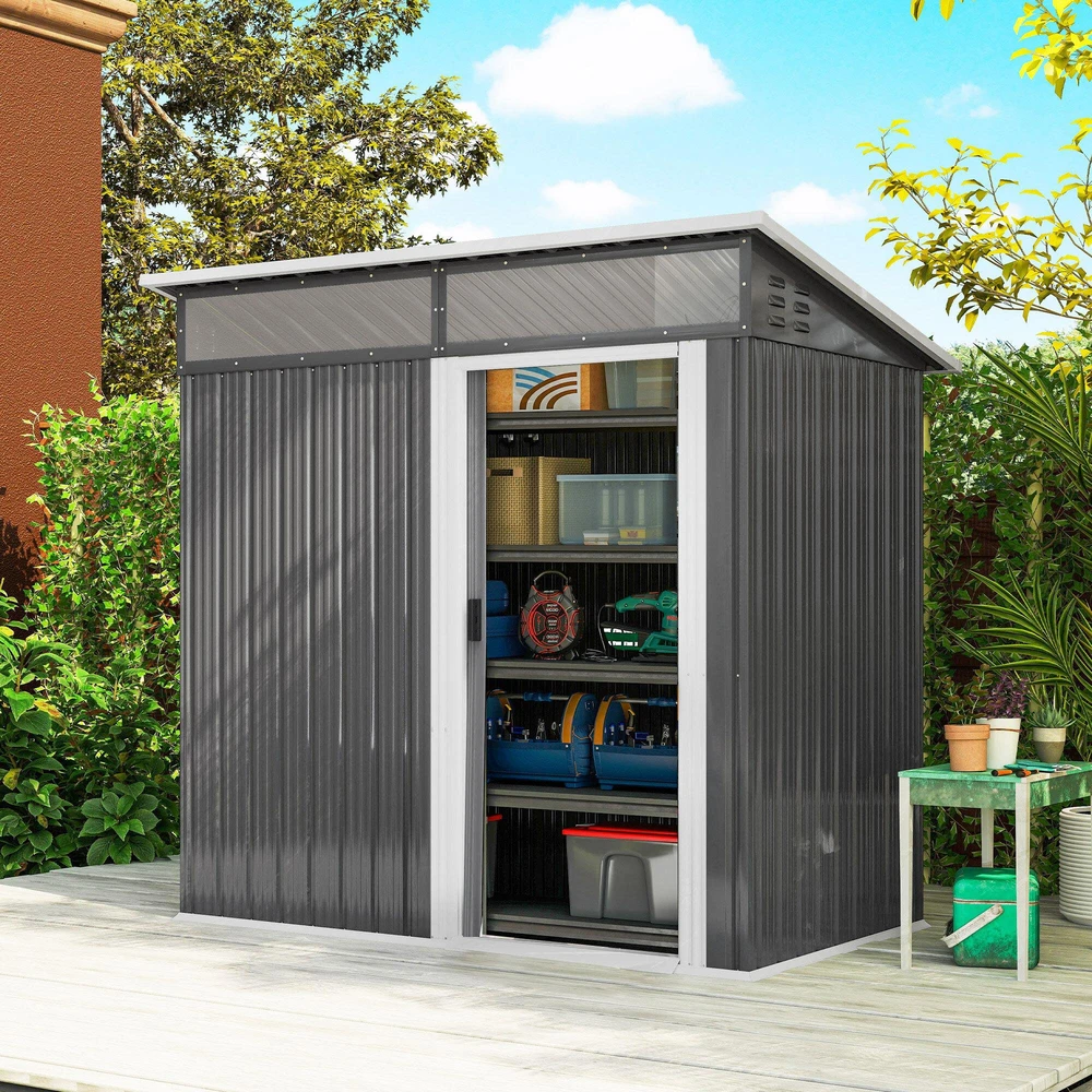 Outsunny metalinis sodo namelis 1,9m² 195x122x182cm, įrankių pašiūrė su pamatu, šlaitinis stogas, langai, stumdomos durys, tamsiai pilkas