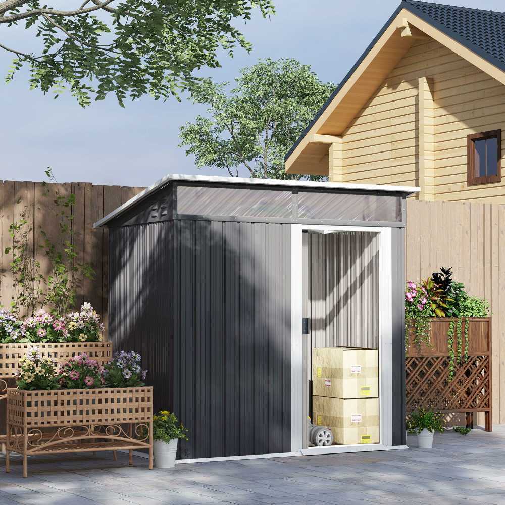 Outsunny metalinis sodo namelis 1,9m² 195x122x182cm, įrankių pašiūrė su pamatu, šlaitinis stogas, langai, stumdomos durys, tamsiai pilkas