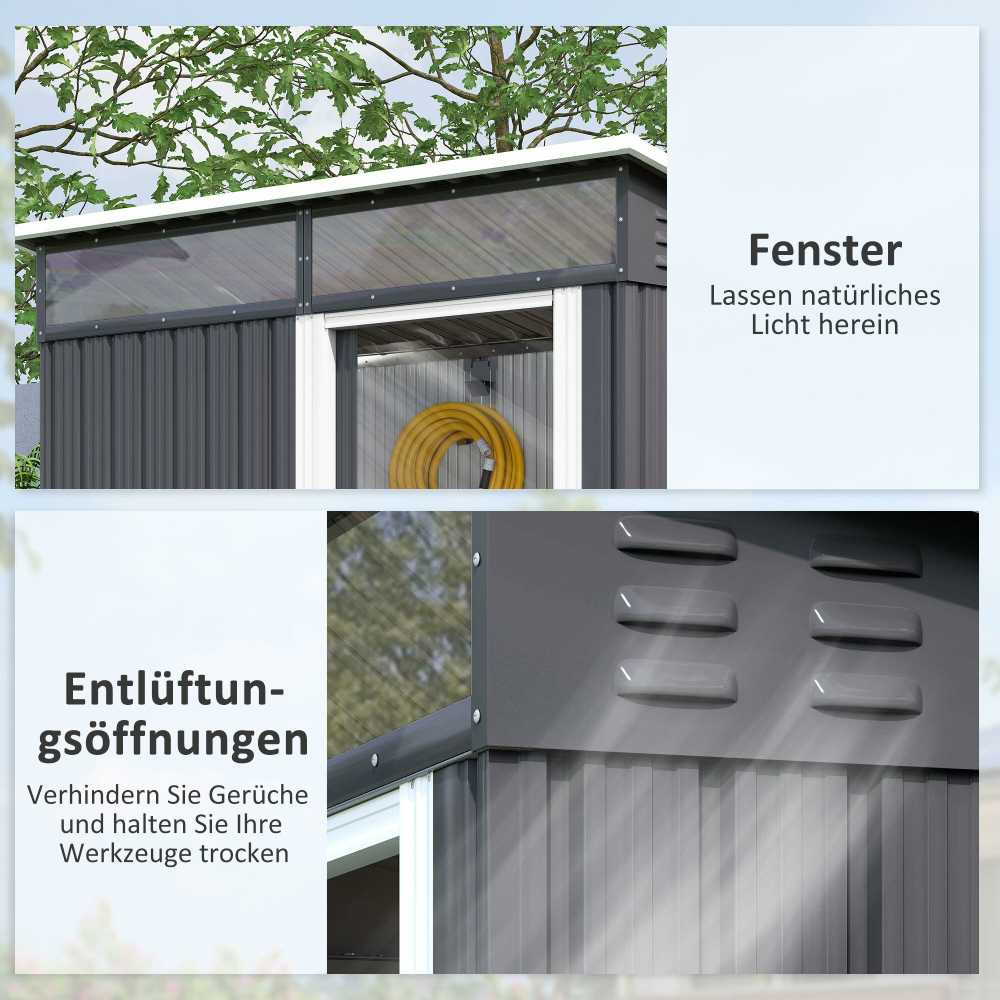 Outsunny metalinis sodo namelis 1,9m² 195x122x182cm, įrankių pašiūrė su pamatu, šlaitinis stogas, langai, stumdomos durys, tamsiai pilkas
